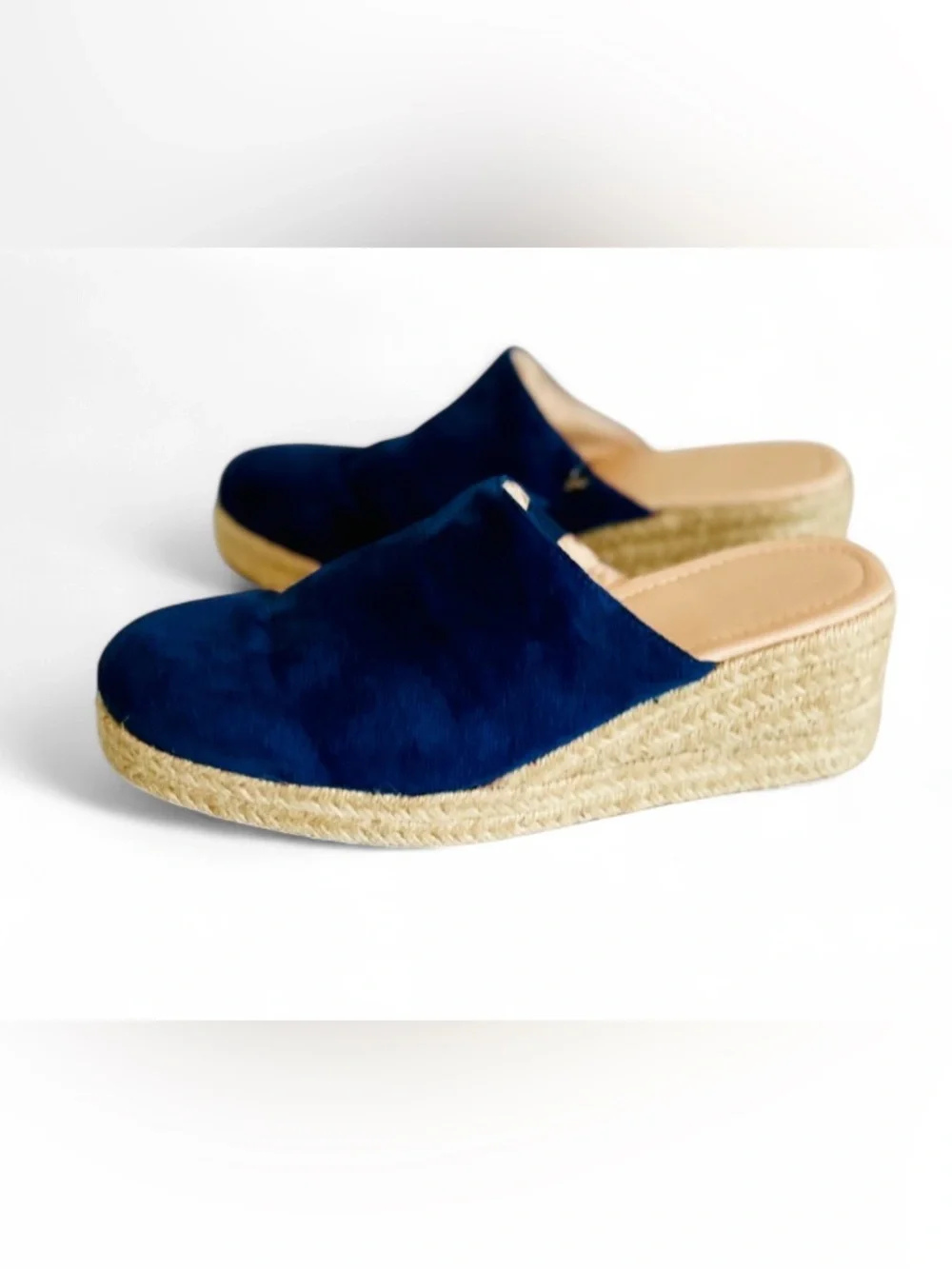 Navy Blue Suede Espadrilles Wedge Mules Closed Toe Slides Platform Boho Size 9.5